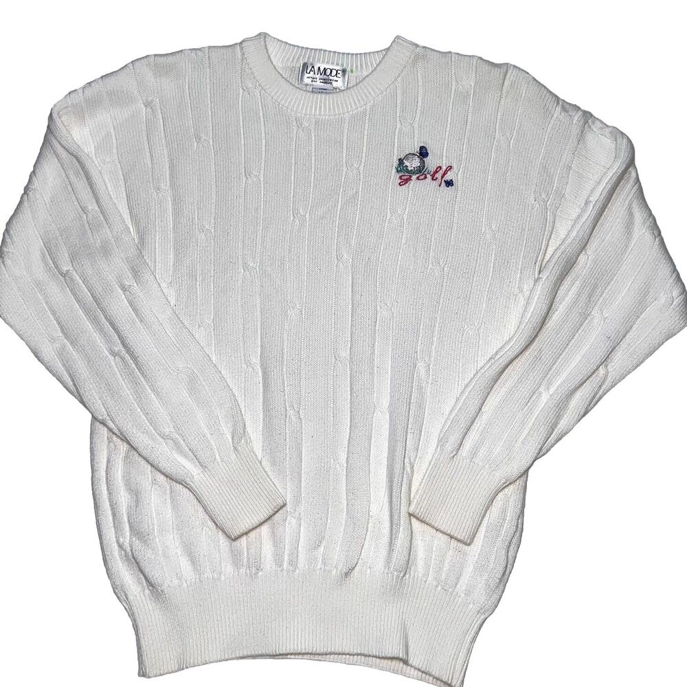La Mode Golf Sweater Size L White Cable Knit Embroidered V-Neck Cotton Vintage